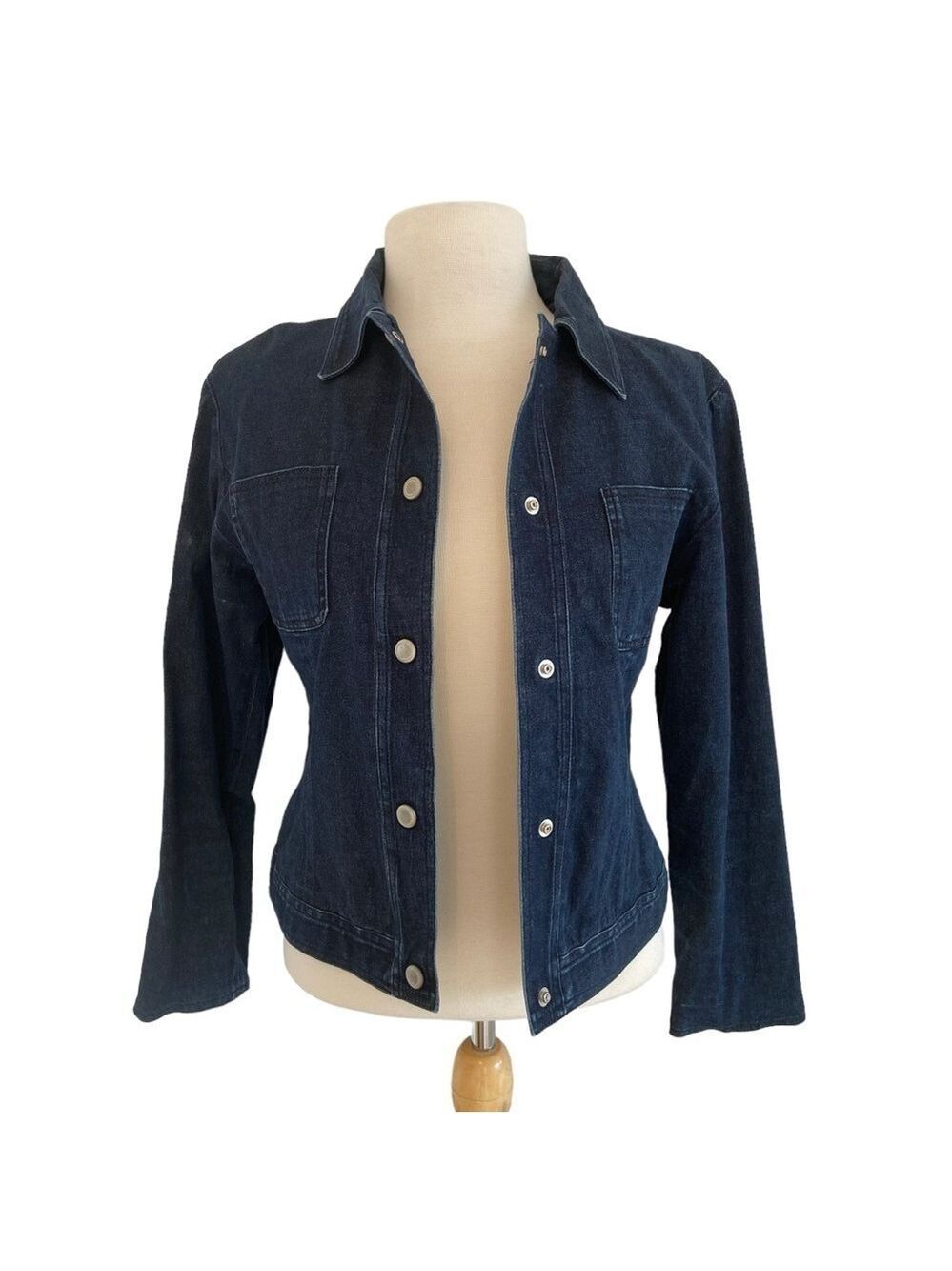 𝅺Vintage French laundry fitted denim jacket blazer size 8 blue stretchy denim